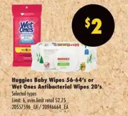 No Frills Huggies Baby Wipes 56-64's or Wet Ones Antibacterial Wipes 20's offer