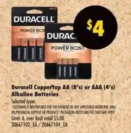 No Frills Duracell Coppertop AA (8's) or AAA (4's) Alkaline Batteries offer