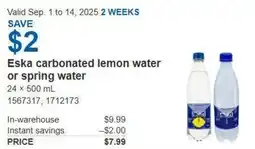 Costco Eska carbonated lemon water or spring water offer