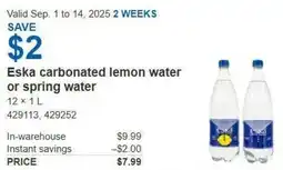 Costco Eska carbonated lemon water or spring water offer