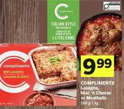 IGA Compliments lasagna, mac 'n cheese or meatballs offer
