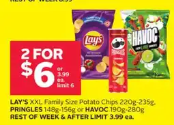 Rexall LAY'S XXL Family Size Potato Chips 220g-235g, PRINGLES 148g-156g or HAVOC 190g-280g offer