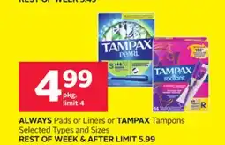 Rexall ALWAYS Pads or Liners or TAMPAX Tampons offer