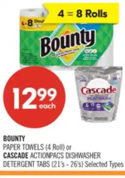Shoppers Drug Mart BOUNTY PAPER TOWELS (4 Roll) or CASCADE ACTIONPACS DISHWASHER DETERGENT TABS (21's - 26's) offer
