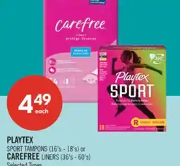 Shoppers Drug Mart PLAYTEX SPORT TAMPONS (16's - 18's) or CAREFREE LINERS (36's - 60's) offer