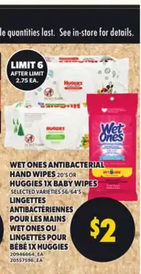 Independent City Market WET ONES ANTIBACTERIAL HAND WIPES, 20'S OR HUGGIES 1X BABY WIPES, 56/64'S offer