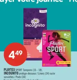 Pharmaprix PLAYTEX SPORT Tampons (16 - 18), INCOGNITO Liners (34) or Pads (34) offer