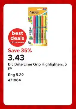 Staples Bic Brite Liner Grip Highlighters, 5 pk offer