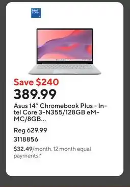Staples Asus 14 Chromebook Plus - Intel Core 3-N355/128GB eMMC/8GB RAM/Chrome OS offer