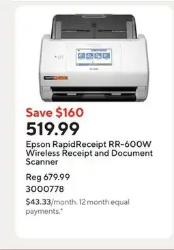 Staples Epson RapidReceipt RR-600W Wireless Receipt and Document Scanner offer