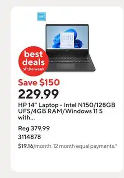 Staples HP 14 Laptop - Intel N150/128GB UFS/4GB RAM/Windows 11 S with 1-year of Microsoft 365 offer
