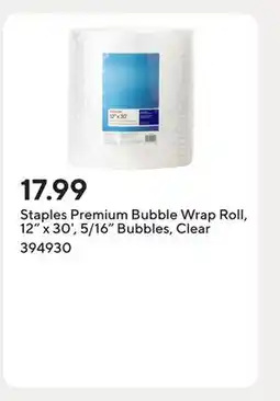 Staples Staples Premium Bubble Wrap Roll, 12 x 30', 5/16 Bubbles, Clear offer