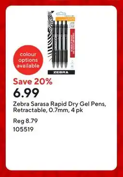Staples Zebra Sarasa Rapid Dry Gel Pens, Retractable, 0.7mm, 4 pk offer