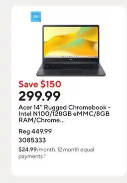 Staples Acer 14 Rugged Chromebook - Intel N100/128GB eMMC/8GB RAM/Chrome OS with 3 months of Gemini Advanced offer