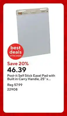 Staples Post-it Self Stick Easel Pad with Built in Carry Handle, 25 x 30-1/2, White, 30 Sheets Per Pad offer