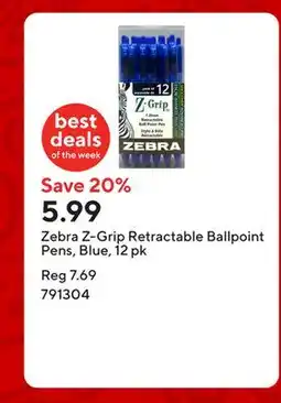 Staples Zebra Z-Grip Retractable Ballpoint Pens, Blue, 12 pk offer