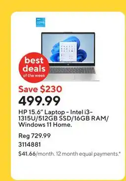 Staples HP 15.6 Laptop - Intel i3-1315U/512GB SSD/16GB RAM/Windows 11 Home offer