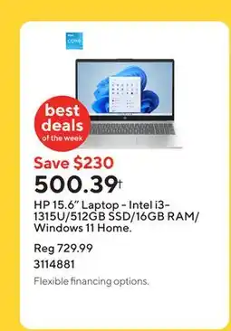 Staples HP 15.6 Laptop - Intel i3-1315U/512GB SSD/16GB RAM/Windows 11 Home offer