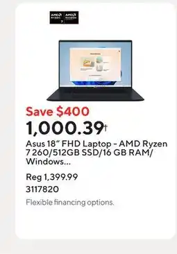Staples Asus 18 FHD Laptop - AMD Ryzen 7 260/512GB SSD/16 GB RAM/Windows 11 Home offer