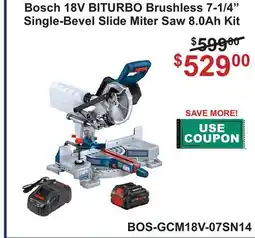 Atlas Tools & Machinery Bosch 18V BITURBO Brushless 7-1/4 Single-Bevel Slide Miter Saw 8.0Ah Kit offer