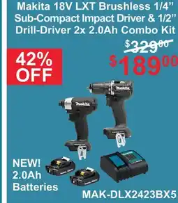 Atlas Tools & Machinery Makita 18V LXT Brushless 1/4 Sub-Compact Impact Driver & 1/2 Drill Driver 2x 2.0Ah Combo Kit offer