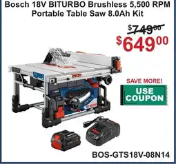 Atlas Tools & Machinery Bosch 18V BITURBO Brushless 5,500 RPM Portable Table Saw 8.0Ah Kit offer
