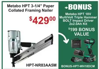Atlas Tools & Machinery Metabo HPT 18V MultiVolt Triple Hammer BOLT Impact Driver 2x2 offer