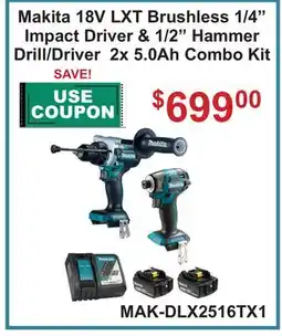 Atlas Tools & Machinery Makita 18V LXT Brushless 1/4 Impact Driver & 1/2 Hammer Drill/Driver 2x 5.0Ah Combo Kit offer