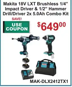 Atlas Tools & Machinery Makita 18V LXT Brushless 1/4 Impact Driver & 1/2 Hammer Drill/Driver 2x 5.0Ah Combo Kit offer