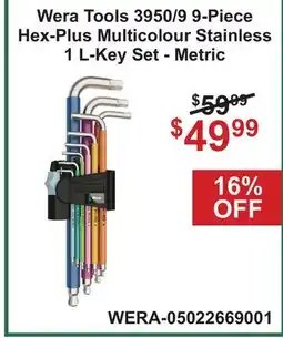 Atlas Tools & Machinery Wera Tools 3950/9 9-Piece Hex-Plus Multicolour Stainless 1 L-Key Set - Metric offer