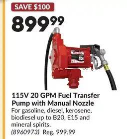 Princess Auto 115V 20 GPM Fuel Transfer Pump with Manual Nozzle offer