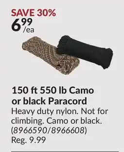 Princess Auto 150 ft550 lb Camo or black Paracord offer
