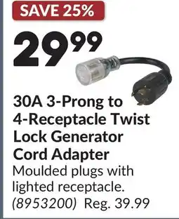 Princess Auto 30A 3-Prong to 4-Receptacle Twist Lock Generator Cord Adapter offer