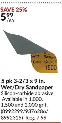 Princess Auto 5 pk 3-2/3 x 9 in. Wet/Dry Sandpaper offer
