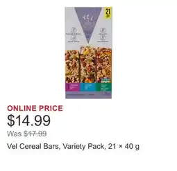Costco Vel Cereal Bars, Variety Pack, 21 × 40 g offer