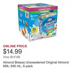 Costco Almond Breeze Unsweetened Original Almond Milk, 946 mL, 6-pack offer