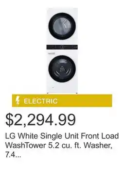 Costco LG White Single Unit Front Load WashTower 5.2 cu. ft. Washer, 7.4 cu. ft. Electric Dryer offer