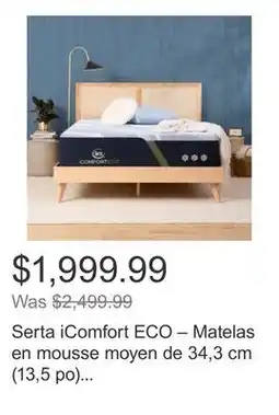 Costco Serta iComfort ECO – Matelas en mousse moyen de 34,3 cm (13,5 po) ou ensemble de matelas offer