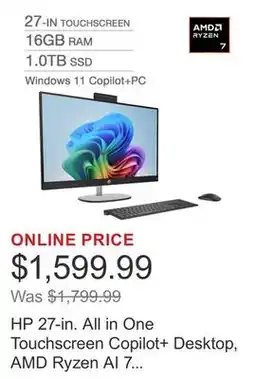 Costco HP 27-in. All in One Touchscreen Copilot+ Desktop, AMD Ryzen AI 7 350 - 16GB RAM, 1TB SSD offer
