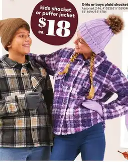 Giant Tiger Girls or boys plaid shacket offer