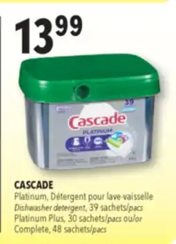Familiprix CASCADE Platinum, Dishwasher detergent, 39sachets Platinum Plus, 30sachets or Complete, 48sachets offer