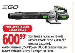 Canadian Tire EGO 56V 880 CFM Carbon Fiber Leaf Blower with 4Ah Battery and Charger offer