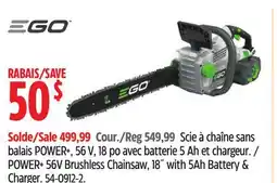 Canadian Tire Ego POWER+ 56V Brushless ChainSaw, 18 with 5Ah Battery & 210W Charger offer