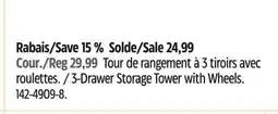 Canadian Tire type A 3-Drawer Storage Tower with Wheels offer