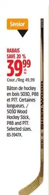 Canadian Tire Sherwood 5030 Wood Hockey Stick, P88 and P77 offer