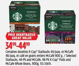 Canadian Tire Selected Starbucks, 44-Pk and McCafe, 48-Pk K-Cup Pods and McCafe Whole Beans offer