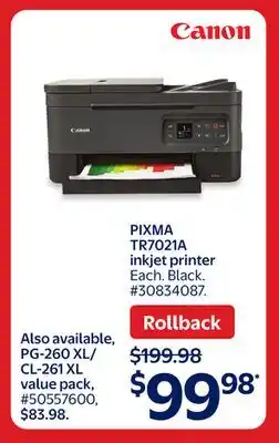 Walmart PIXMA TR7021A Inkjet printer offer
