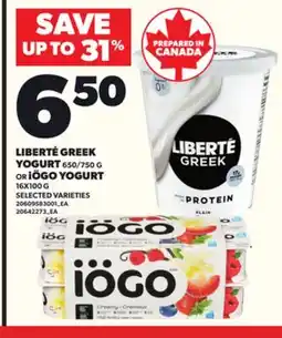 Loblaws LIBERTÉ GREEK YOGURT 650/750 G OR iÖGO YOGURT 16X100 G offer
