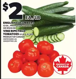 Loblaws ENGLISH CUCUMBERS OR SPAIN OR VINE RIPE FIELD TOMATOES offer
