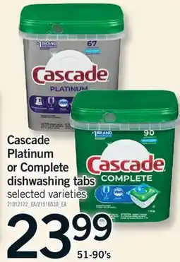 Fortinos CASCADE PLATINUM OR COMPLETE DISHWASHING TABS, 51-90's offer